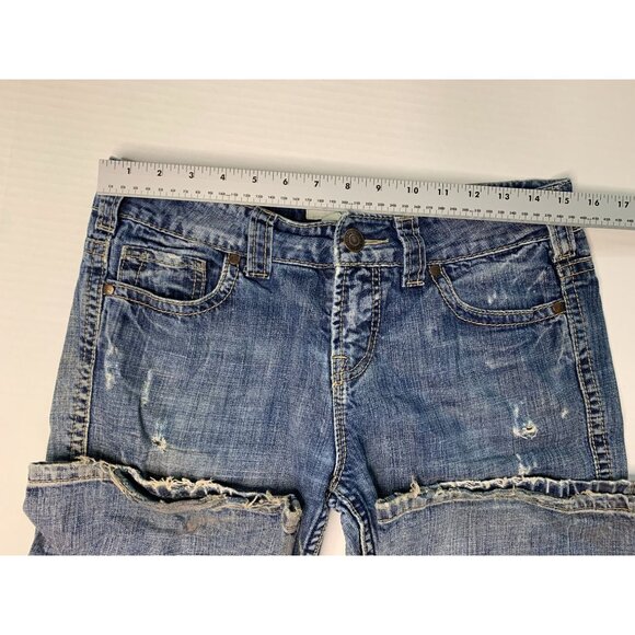 Maurices Juniors Size 5 6 Short Jeans Jenna Bootcut Blue Denim Distressed Hem We - Picture 7 of 8